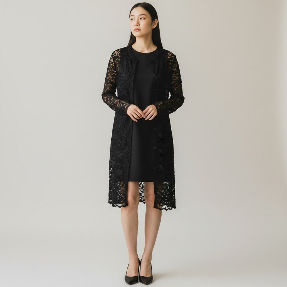 Vikki Vi Black Lacy Button Up Duster Dress 2X Sheer Long Mesh Jacket Overcoat